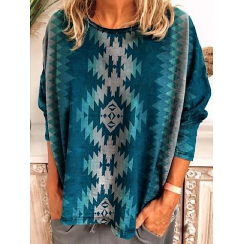 

Women's T shirt Tee Graphic Patterned Geometric Home Casual Daily Bohemian Theme Geometric T shirt Tee Long Sleeve Patchwork Print Round Neck Vintage Boho Blue S / 3D Print