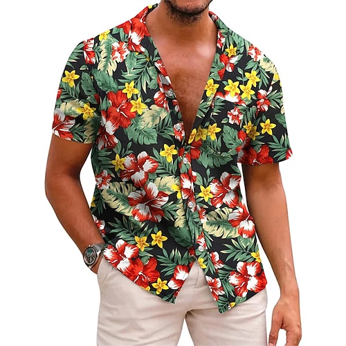 

Men's Shirt 3D Print Floral Graphic Patterned Turndown Street Daily 3D Button-Down Short Sleeve Tops Casual Fashion Breathable Comfortable Green Red