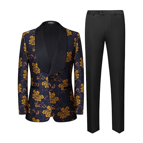 

Dark Blue Men's Wedding Tuxedos 2 Piece Shawl Collar Flower / Floral Tailored Fit Single Breasted One-button 2022