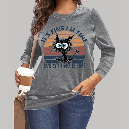 

Women's Plus Size Tops Pullover Sweatshirt Hoodie Sweatshirt Animal Cat Print Long Sleeve Crewneck Streetwear Daily Vacation Microfiber Fall Winter Blue Gray