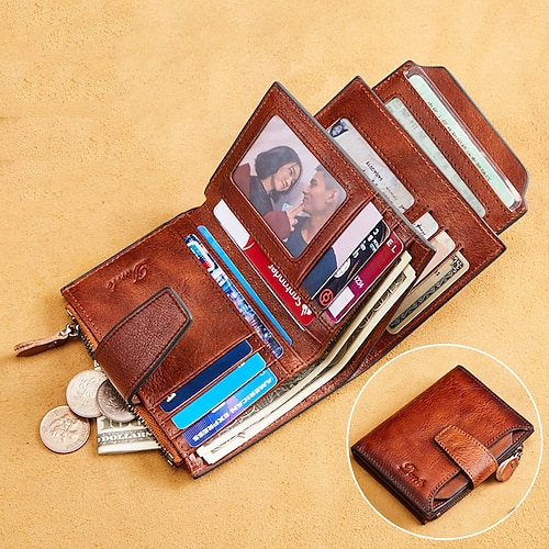 

Passport Holder ID Holder Men's Short Leather Wallet Top Layer Cowhide Rfid Anti-theft Brush Fashion Casual Wallet Driver's License Wallet