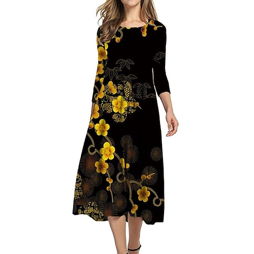 

Damen Casual kleid Etuikleid Midikleid Schwarz 3/4 Ärmel Blumen Rüschen Herbst Frühling Rundhalsausschnitt Urlaub 2023 S M L XL XXL 3XL