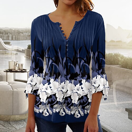 

Women's T shirt Tee Floral Casual Holiday Weekend Floral Painting T shirt Tee 3/4 Length Sleeve Flowing tunic Button Print V Neck Basic Essential Navy Blue S / 3D Print