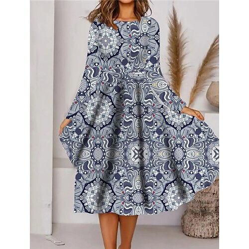 

Women's A Line Dress Midi Dress Blue Long Sleeve Floral Pocket Print Fall Spring Round Neck Casual Vacation 2022 S M L XL XXL 3XL