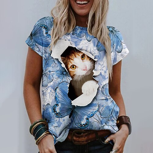 

Women's T shirt Tee Cat Butterfly 3D Casual Weekend Butterfly 3D Cat Painting T shirt Tee Short Sleeve Print Round Neck Basic Essential Blue Pink Yellow S / 3D Print