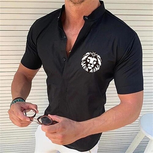 

Men's Shirt Solid Color Lion Standing Collar Street Casual Button-Down Print Half Sleeve Tops Designer Casual Fashion Breathable White Black Wine / Summer