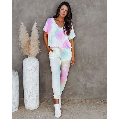 

Women's Tracksuit Pants Sets Streetwear Green Blue Casual Weekend Tie Dye Drawstring Print V Neck S M L XL XXL