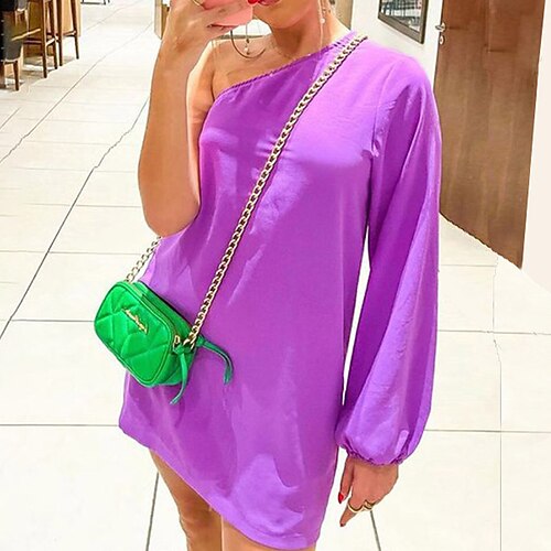 

Women's Shift Dress Short Mini Dress Purple Pink Long Sleeve Pure Color Cold Shoulder Fall Spring One Shoulder Casual 2022 S M L XL