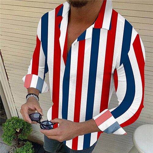 

Men's Shirt Graphic Shirt Striped Turndown Red 3D Print Outdoor Casual Long Sleeve Button-Down Print Clothing Apparel Fashion Designer Casual Comfortable / Sports