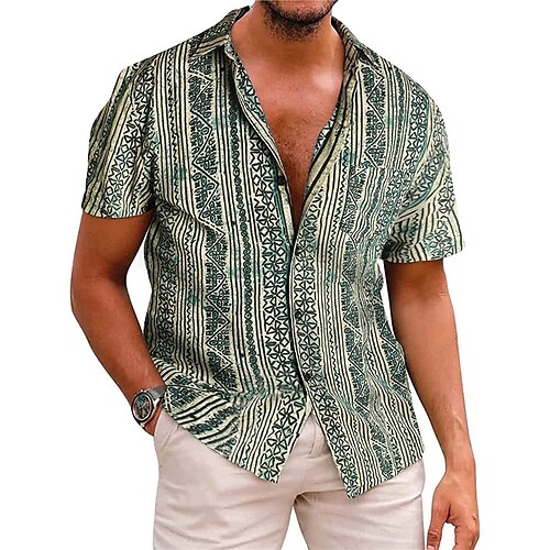 

Men's Shirt Graphic Shirt Geometry Turndown Green 3D Print Outdoor Street Short Sleeves Button-Down Print Clothing Apparel Fashion Designer Casual Breathable