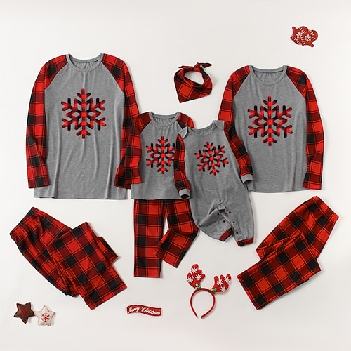 

Family Look Christmas Pajamas Plaid Letter Causal Patchwork Gray Long Sleeve Casual Matching Outfits