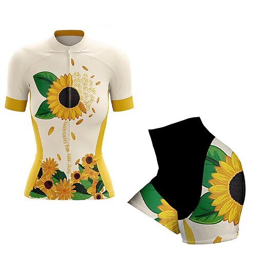 

21Grams Women's Cycling Jersey with Bib Shorts Short Sleeve Mountain Bike MTB Road Bike Cycling Yellow Floral Botanical Bike Clothing Suit 3D Pad Breathable Quick Dry Moisture Wicking Back Pocket