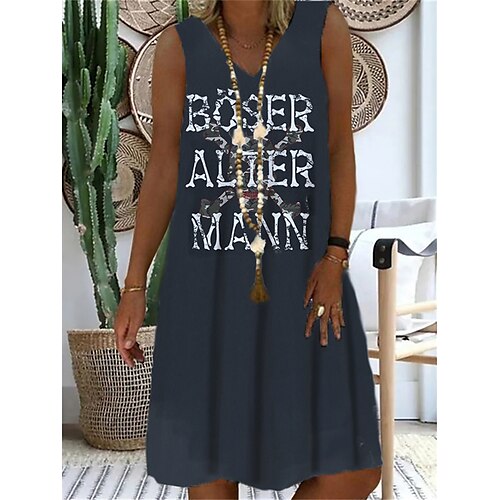 

Women's Shift Dress Short Mini Dress Black Sleeveless Letter Print Spring Summer V Neck Casual Vacation 2022 S M L XL XXL 3XL