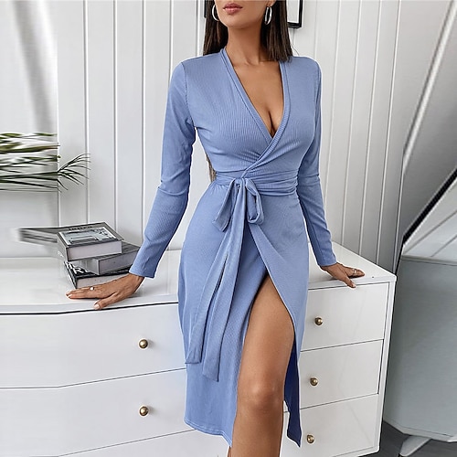 

Women's Bodycon Knee Length Dress Light Blue Long Sleeve Pure Color Lace up Fall Spring V Neck Fashion Modern 2022 S M L XL XXL 3XL