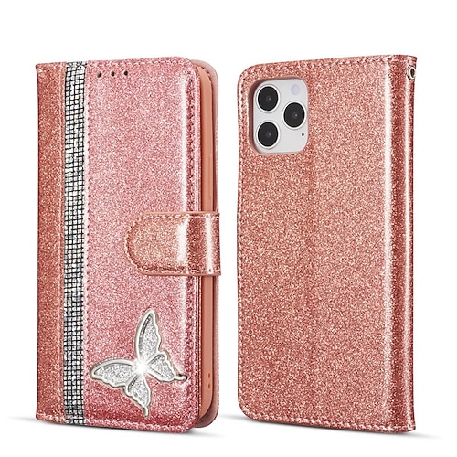 

Phone Case For Apple Wallet Card iPhone 13 Pro Max 12 11 SE 2022 X XR XS Max 8 7 Wallet Rhinestone Flip Butterfly Glitter Shine Crystal Diamond PU Leather