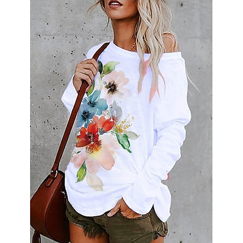 

Women's T shirt Tee White Floral Print Long Sleeve Casual Holiday Basic Round Neck Regular Floral Painting S