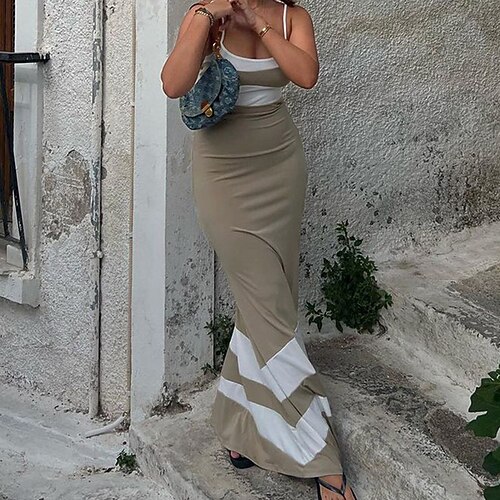

Women's Bodycon Midi Dress Black Khaki Sleeveless Color Block Backless Cold Shoulder Spring Summer Spaghetti Strap Stylish Modern 2022 S M L