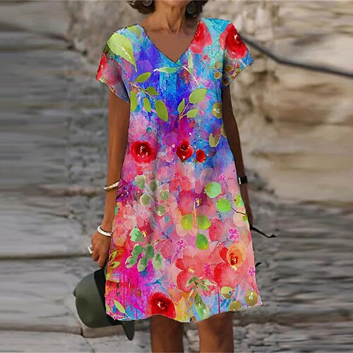 

Women's Casual Dress Shift Dress Midi Dress Pink Blue Green Short Sleeve Floral Print Spring Summer V Neck Vacation 2023 S M L XL XXL 3XL