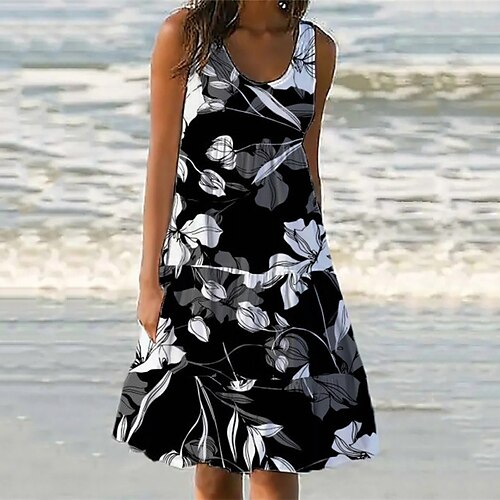

Women's Shift Dress Knee Length Dress Black Sleeveless Floral Pocket Print Spring Summer U Neck Casual Vacation 2022 S M L XL XXL 3XL