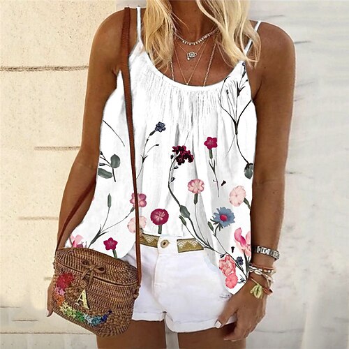 

Women's Plus Size Tops Tank Top Floral Print Sleeveless Strap Streetwear Daily Holiday Cotton Spandex Jersey Spring Summer White