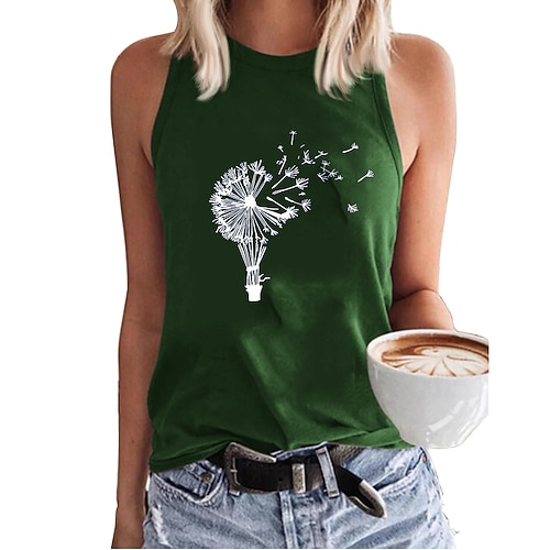 

Women's Tank Top Dandelion Casual Holiday Plus Size Tank Top Camis Sleeveless Backless Racerback Print Round Neck Casual Green White Black S