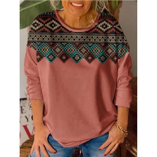 

Women's T shirt Tee Plaid Graphic Patterned Home Casual Daily Bohemian Theme Geometric T shirt Tee Long Sleeve Patchwork Print Round Neck Ethnic Vintage Boho Red S / 3D Print