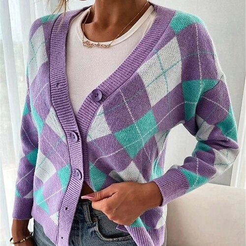 

Women's Cardigan Sweater Jumper Knit Knitted Geometric V Neck Stylish Casual Home Holiday Fall Winter Purple S M L / Long Sleeve / Regular Fit / Going out