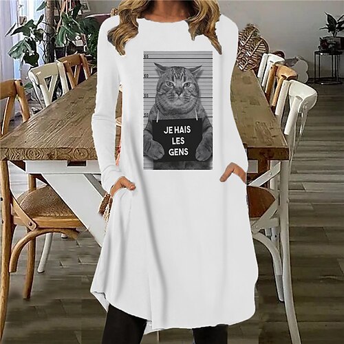 

Women's Shift Dress Knee Length Dress White Long Sleeve Cat Letter Animal Pocket Print Fall Spring Crew Neck Casual Vacation 2022 S M L XL XXL 3XL