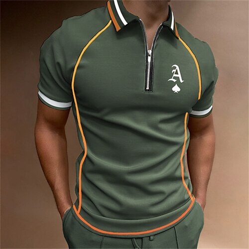 

Men's Golf Shirt Letter Turndown Street Casual Zipper Short Sleeve Tops Casual Fashion Comfortable Army Green