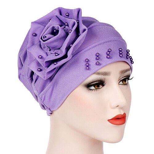 

12 Colors Women New Fashion Side Flower Decoration With Beaded Solid Scarf Cap Muslim Head Wrap Chemo Elastic Turban Bandanas Ladies Hair Accessories