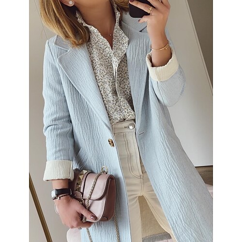 

Women's Coat Long Stylish Coat Light Blue Active Daily Fall Open Front Lapel Regular Fit S M L XL 2XL 3XL