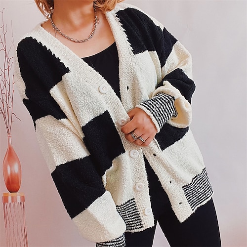 

Women's Cardigan Sweater Jumper Crochet Knit Knitted Striped V Neck Stylish Casual Daily Holiday Fall Winter Green Black S M L / Long Sleeve