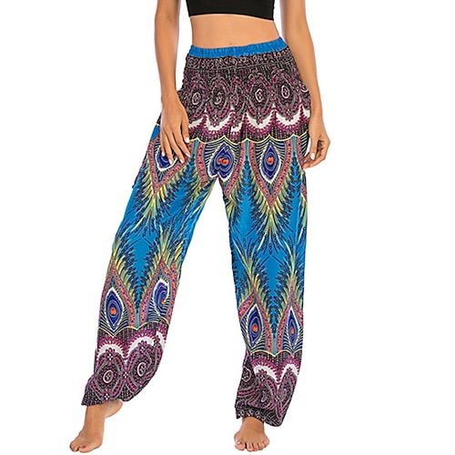 

Women's Joggers Pants Trousers Harem Pants Blue Royal Blue Red High Waist Boho Hip-Hop Hippie Casual Weekend Pocket High Cut Micro-elastic Full Length Comfort Feather One-Size / Print