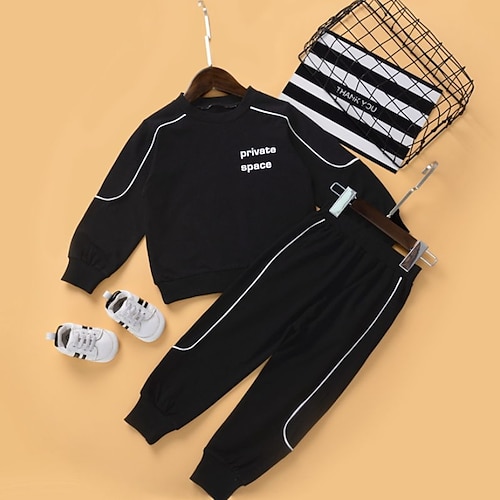 

2 Pieces Kids Boys Hoodie & Pants Clothing Set Outfit Letter Long Sleeve Print Cotton Set Outdoor Active Daily Spring Summer 2-6 Years Black