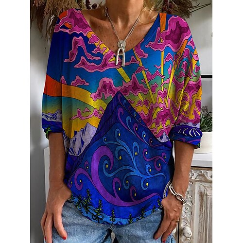 

Women's T shirt Tee Graphic Patterned Casual Daily Painting T shirt Tee 3/4 Length Sleeve Print V Neck Basic Essential Blue S / 3D Print