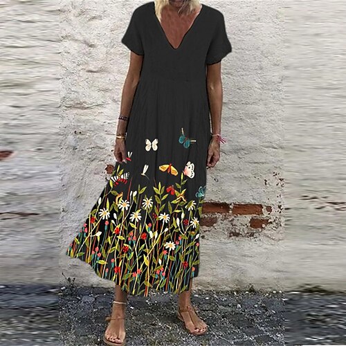 

Women's Shift Dress Maxi long Dress Black Short Sleeve Floral Butterfly Animal Print Spring Summer V Neck Elegant Casual Vacation 2022 S M L XL XXL 3XL