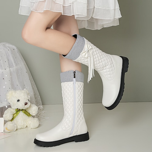 

Girls' Boots Princess Shoes School Shoes PU School Shoes Big Kids(7years ) Party Daily Buckle Tassel White Black Fall Winter / Mid-Calf Boots
