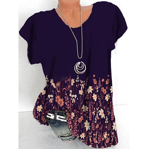 

Women's Plus Size Tops T shirt Tee Floral Print Short Sleeve Crewneck Streetwear Daily Sports Cotton Spandex Jersey Spring Summer Navy Blue