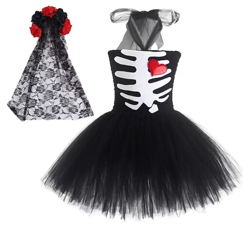 

Kids Little Girls' Dress Graphic Patterned A Line Dress Halloween Performance Pleated Mesh Lace Black Knee-length Sleeveless Costume Dresses Halloween Summer Regular Fit 3-12 Years