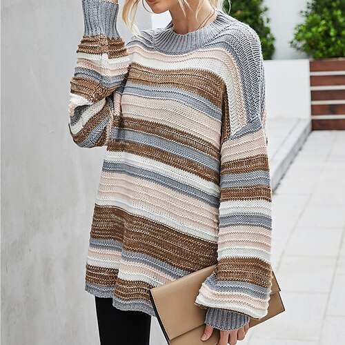 

Women's Sweater Jumper Knit Knitted Striped Crew Neck Stylish Casual Daily Holiday Fall Winter Pink S M L / Long Sleeve / Regular Fit / Going out