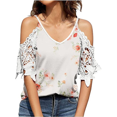 

Women's Shirt Floral Color Gradient Holiday Weekend Floral Shirt Short Sleeve Cut Out Lace Print V Neck Casual Streetwear White Black Gray S / 3D Print