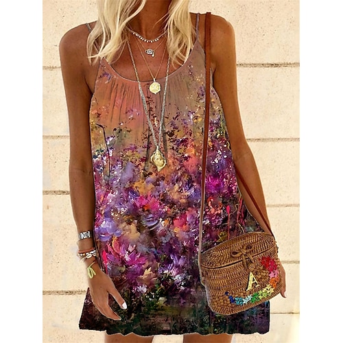 

Women's Shift Dress Short Mini Dress Green Orange Sleeveless Floral Print Spring Summer Spaghetti Strap Casual Vacation 2022 S M L XL XXL 3XL