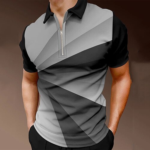 

Men's Collar Polo Shirt Golf Shirt Geometry Turndown BlackGreyWhite 3D Print Street Daily Short Sleeve Zipper 3D Clothing Apparel Fashion Casual Comfortable / Beach