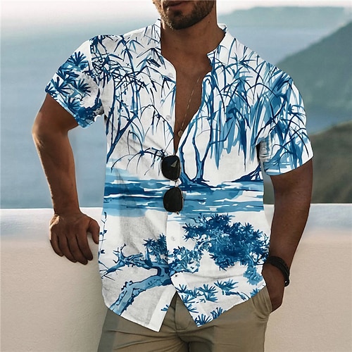 

Men's Shirt Graphic Shirt Tree Stand Collar Blue 3D Print Outdoor Casual Short Sleeve Button-Down Print Clothing Apparel Fashion Designer Casual Comfortable / Sports