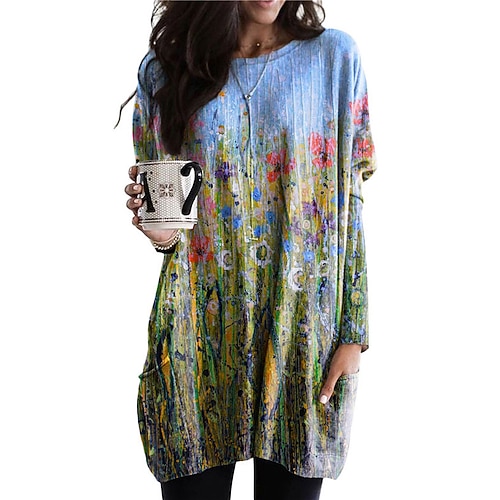 

Women's Shift Dress Short Mini Dress Green Blue Purple Long Sleeve Floral Pocket Print Fall Spring Crew Neck Casual Vacation 2022 S M L XL XXL 3XL
