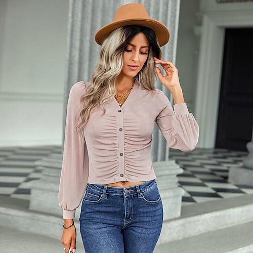 

Mulheres Camisa Social Blusa Rosa Marron Cinzento Escuro Tecido Botão Imprimir Manga Longa Escritório Trabalho Roupa de rua Casual Decote V Padrão S