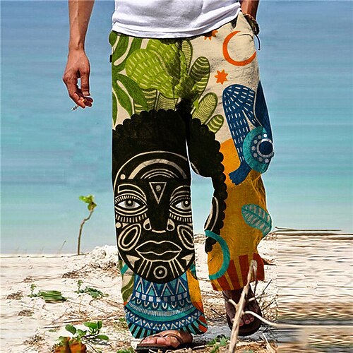 

Men's Trousers Beach Pants Pocket Drawstring Elastic Waist Cartoon Graphic Prints Comfort Breathable Casual Daily Holiday Streetwear Designer Green Brown