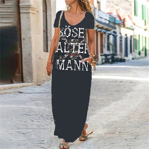 

Women's Shift Dress Maxi long Dress Dark Gray Short Sleeve Letter Pocket Print Spring Summer V Neck Elegant Casual Vacation 2022 S M L XL XXL 3XL