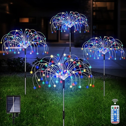 

4 Pack Solar Firework Garden Lights Christmas Outdoor Decorations Starburst Pathway Lights 480LEDs One Driven Four Outdoor Copper Wire Waterproof Fireworks Lights with Remote Control 8 Modes Lighting
