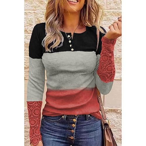 

Women's Tops Color-Blocking Long-Sleeved Spring New Casual Bottoming Shirts